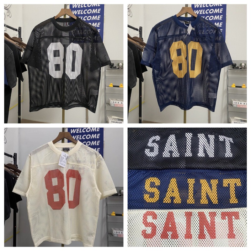 Cross-Border Trendy Brand Star's Same Style 80 Printed Rugby Uniform Cut Out Mesh Loose Men's and Women's Short-Sleeved T-Shirt Tops for Men