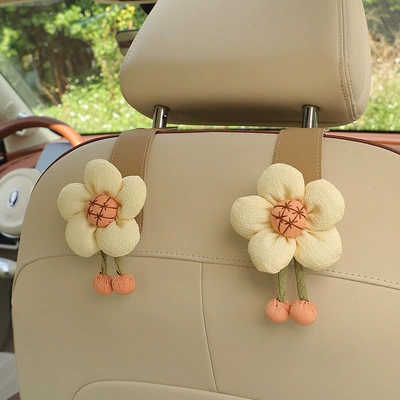 tissue box, front and rear | Car cup holder/beverage holder - light-yellow-sunflower-khaki-leather-hooks-1-pair
