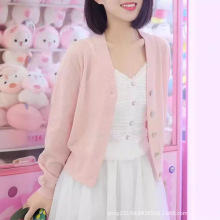 哥家新款2025春夏贝壳扣V领薄款冰丝针织开衫女士外套长袖空调衫