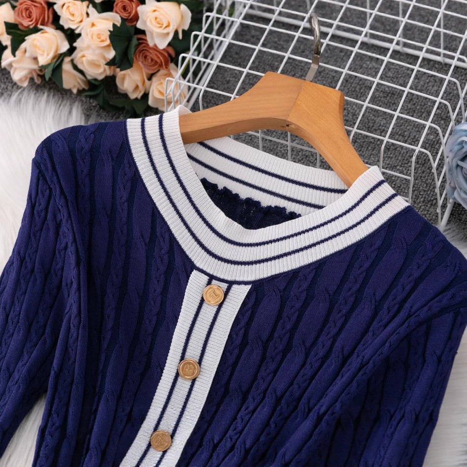 Slim Fit Knit Dress With Striped Pattern, Elegant High Waist Sweater Dress For Women, Casual Office Wear, Long Sleeve Round Neck Pullover Dress_ecoleips.com