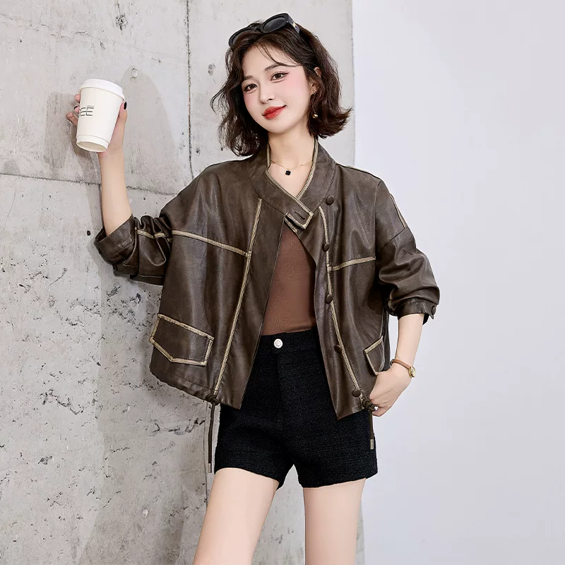 Autumn short polyurethane jacket, drawstring, high-quality style