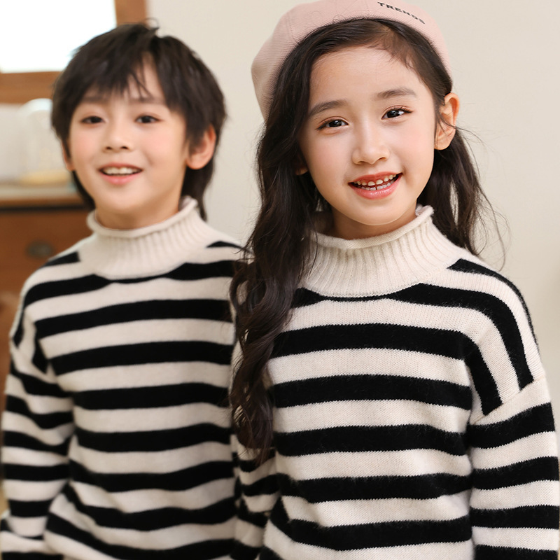24 autumn and winter Korean children's clothing sweater curling collar design children's pure wool striped pullover men's and women's children's sweater