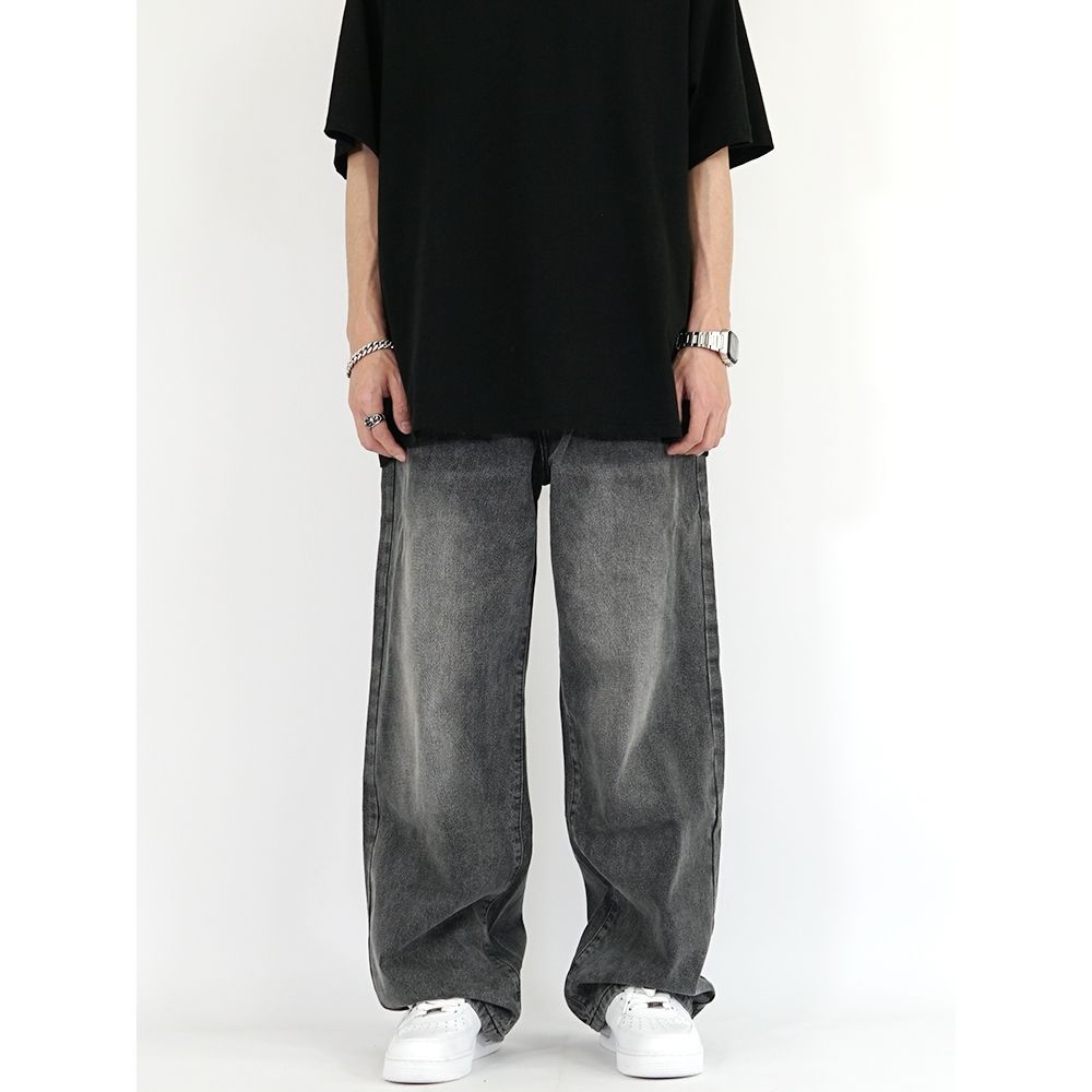 Pantalones vaqueros de cintura elástica gris ahumado retro de estilo europeo y americano para hombres y mujeres pantalones de drapeado de pierna ancha rectos sueltos