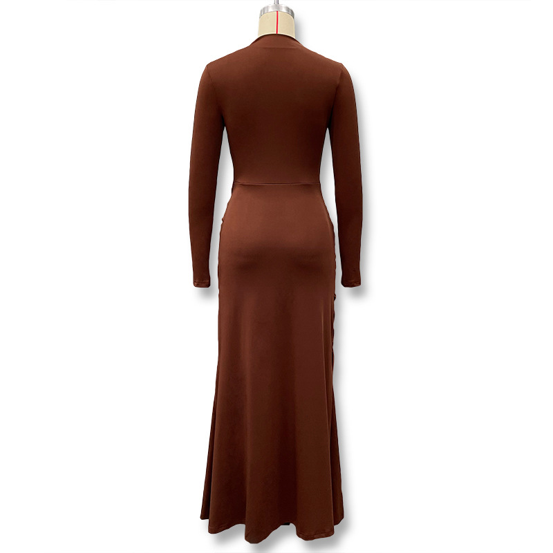 Women's Solid Color round Neck Dress Long Sleeve Fashionable Temperament European American Style Autumn New Clothing with Decorative Ring Buckle_ecoleips.com