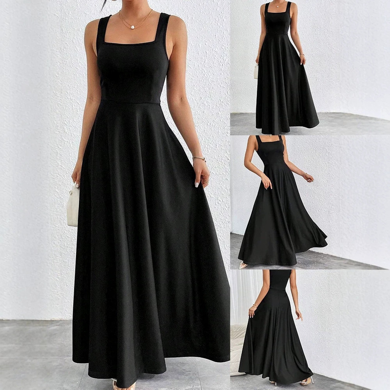 Cross-border foreign trade European and American eBay Amazon Wish best-selling women's clothing elegant square-neck sleeveless solid color ultra-long women's dress Cross-border foreign trade European and American eBay Amazon Wish best-selling women's clothing elegant square-neck sleeveless solid color ultra-long women's dress