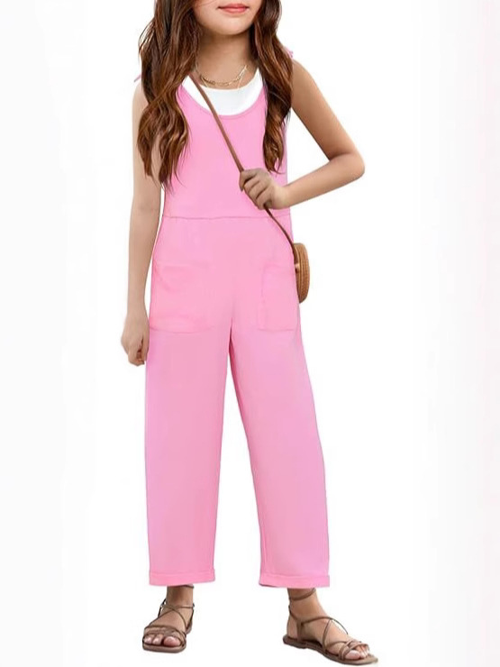 Cross-Border Foreign Trade Girls' Sleeveless Solid Color Casual Bow Strap Wide-Leg Loose Jumpsuit with Pockets 5029