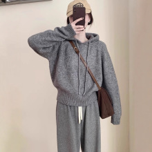 灰色连帽加厚卫衣针织衫女冬季宽松高级感慵懒风显瘦毛衣外套上衣