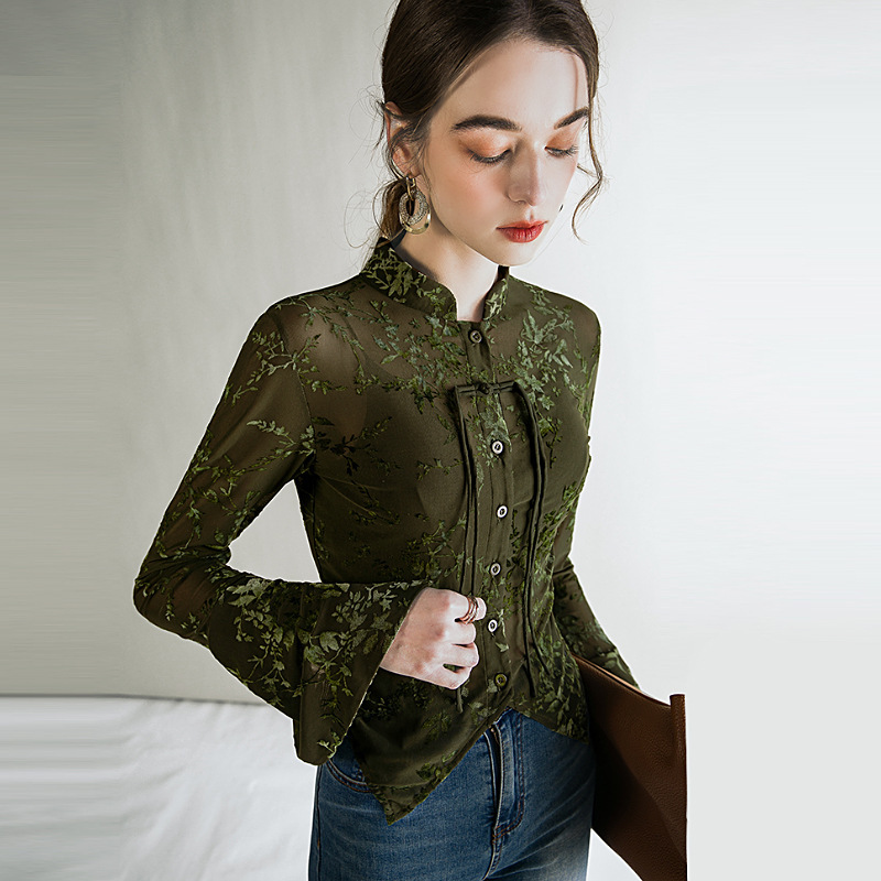 Dovetail design small shirt Light National style top spring and autumn new Chinese mesh flocking long sleeve