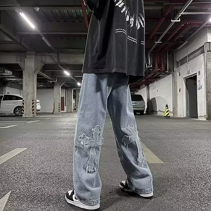 Европейские и американские высокие уличные пластыри с вышитым крестом джинсы мужские Rin Chao свободные прямые брюки