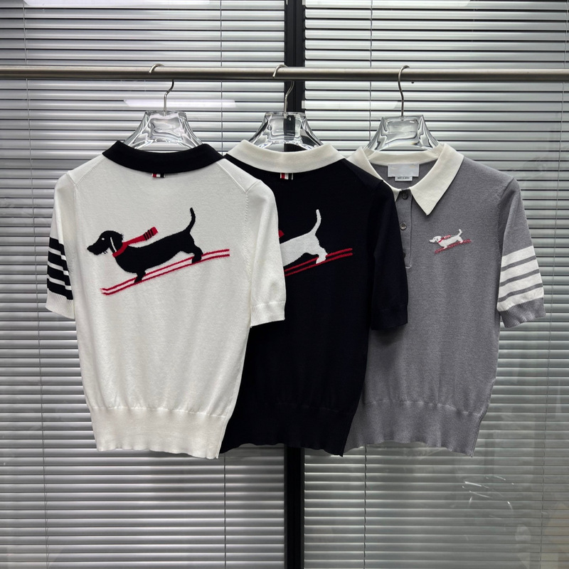 Tb Knitwear Short-Sleeved New Style Women's Polo Shirt with Ski Dog Embroidery on the Back, Wool Knit, Gentle and Elegant