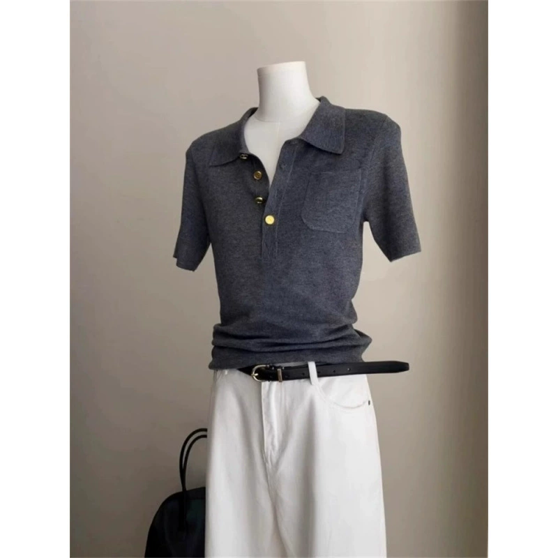 Серая футболка с воротником-поло на правое плечо, шелковая футболка с короткими рукавами, женская летняя трикотажная одежда, миниатюрный короткий облегающий топ