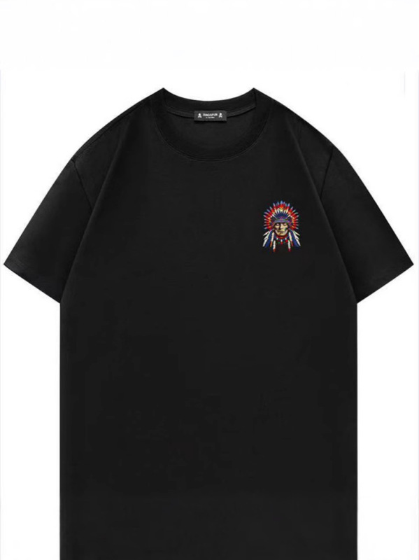 アメリカンレトロ【インディアン】刺繍ラウンドネック半袖夏ゆったりデザイン厚手コットンTシャツ男性用|undefined