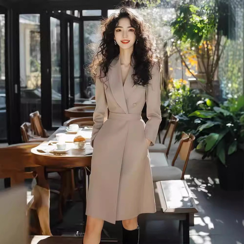khaki Suit dress Women's 2024 Autumn New Korean Style Atmosphere Wear High Style Elegant Shirt Dress
