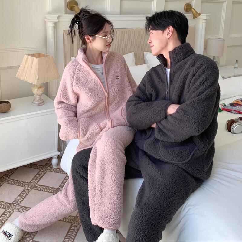 CaCa情侣睡衣羊羔绒冬季立领拉链男休闲外穿运动加厚家居服女套装|undefined