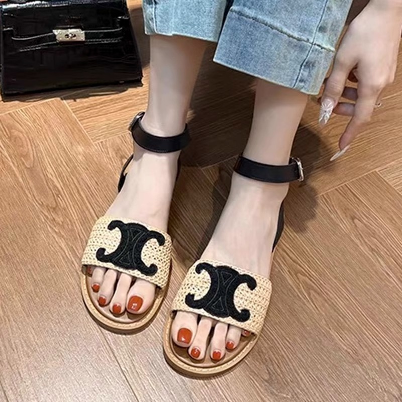 夏季爆款复古凯旋门草编露趾一字带罗马凉鞋女夏平底仙女风凉拖鞋|undefined