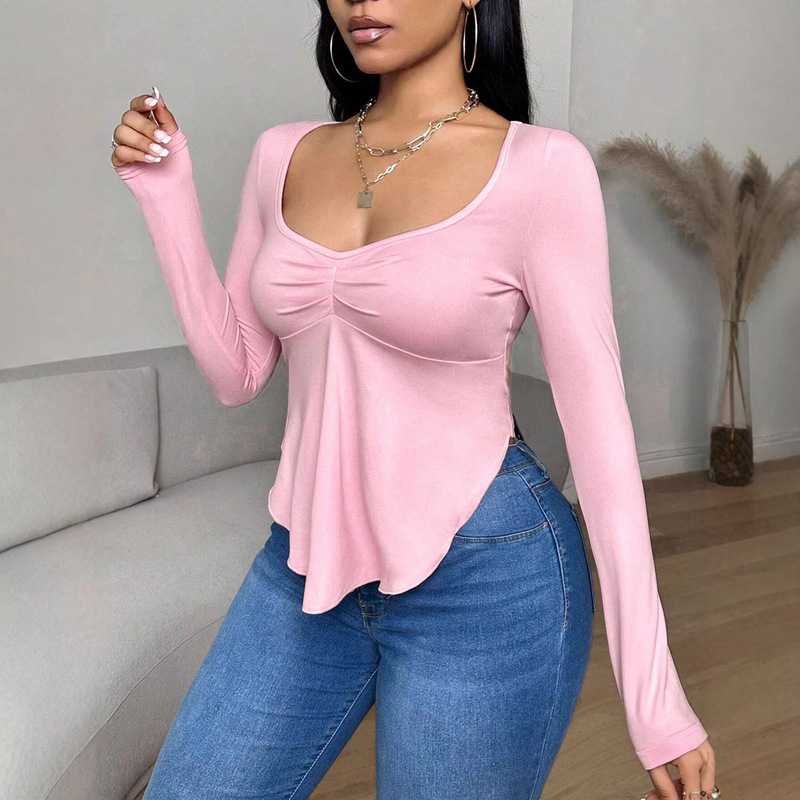 2026 European and American Amazon Women's U-Neck Long-Sleeved T-Shirt Slim Fit Top Suitable for Casual and Work Wear 2026 European and American Amazon Women's U-Neck Long-Sleeved T-Shirt Slim Fit Top Suitable for Casual and Work Wear