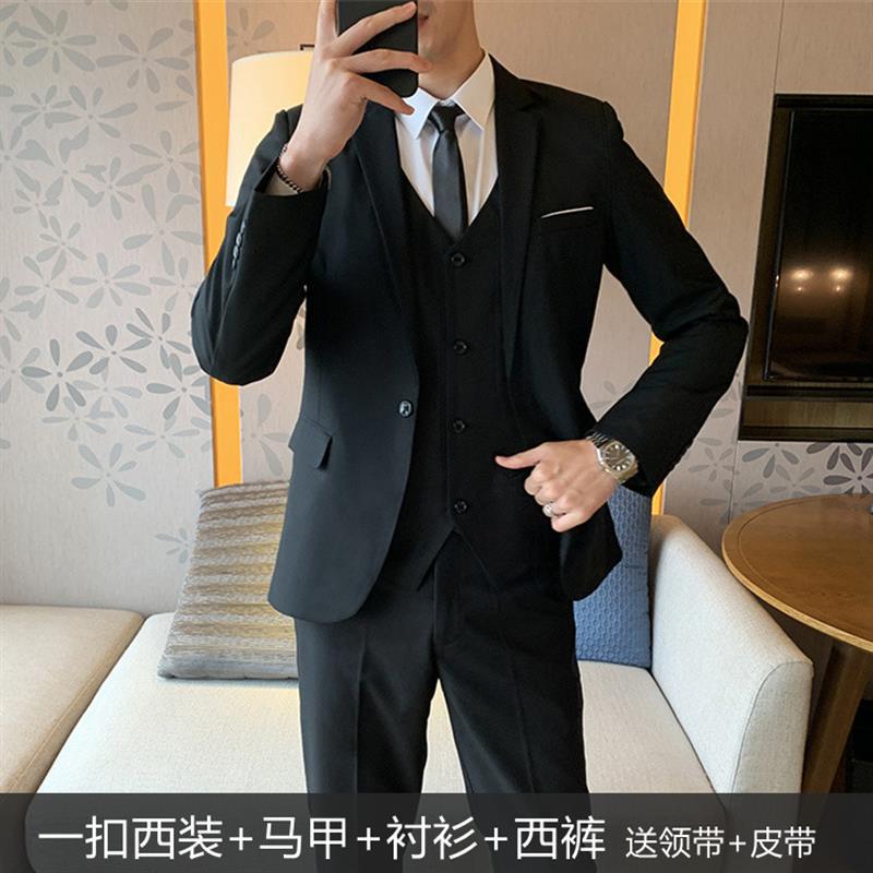Traje negro de un botón + chaleco + camisa + Pantalones de traje con cinturón de corbata