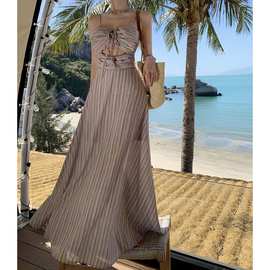 度假风镂空系带高腰条纹吊带连衣裙夏季海边沙滩长裙子