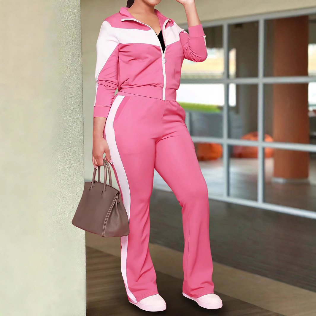 春秋爆款女士套装时尚舒适撞色运动风拉链外套和休闲长裤两件套