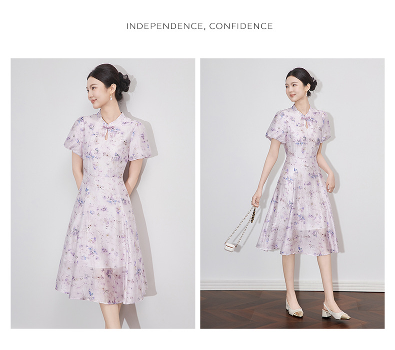 Váy liền maxi in họa tiết sườn xám phong cách Trung Quốc, chất liệu lanh pha sợi, tôn dáng — Màu tím chi tiết 8