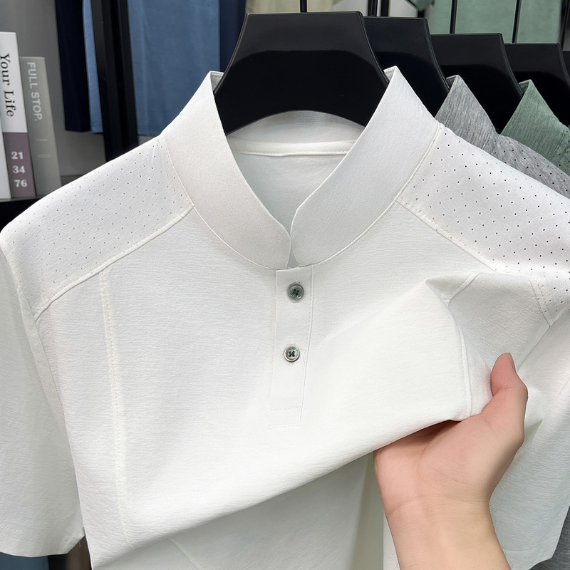 Chinese-Style Retro Stand-Collar Short-Sleeve T-Shirt for Men, New Summer Model, Solid Color, Breathable, Sweat-Absorbent, Regular Shoulder Fit, Slimming Half-Sleeve Polo Shirt