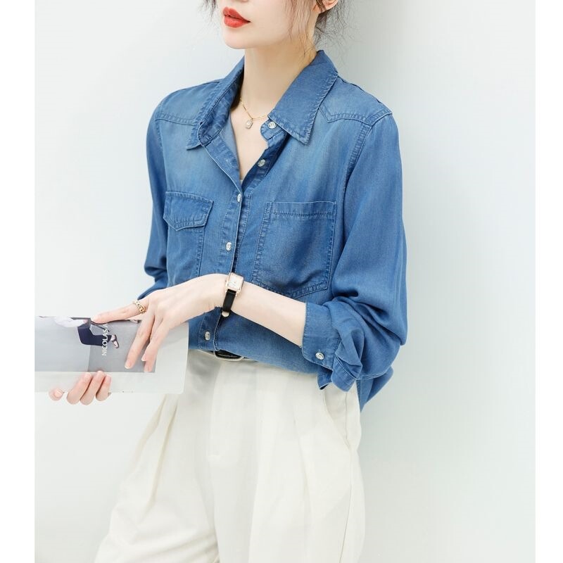 Tencel denim shirt for women, long-sleeved, stylish, slimming, versatile, loose-fitting, casual shirt, thin outerwear, autumn