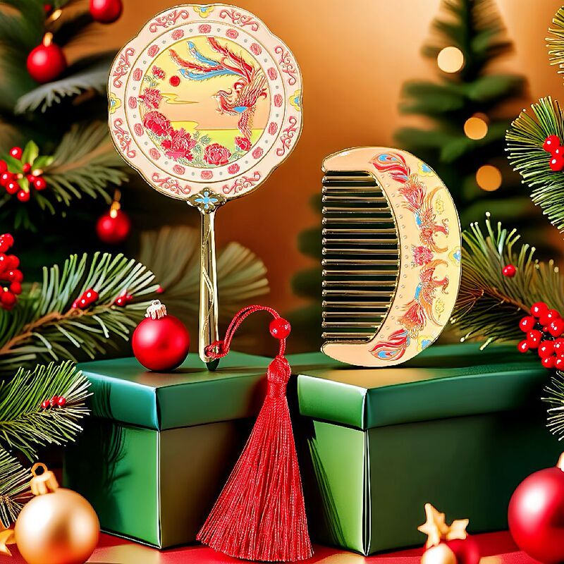 Chinese-Style Phoenix and Peony Metal Hand-Held Mirror, Cultural and Creative Vintage Makeup Mirror, Travel Souvenir Portable Mirror Wholesale