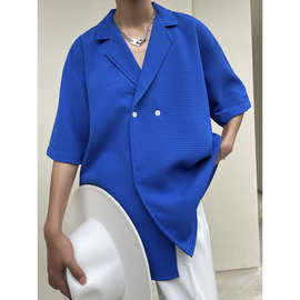夏季高街华夫格克莱因蓝小西装衬衣五分袖男士潮牌短袖衬衫高级感