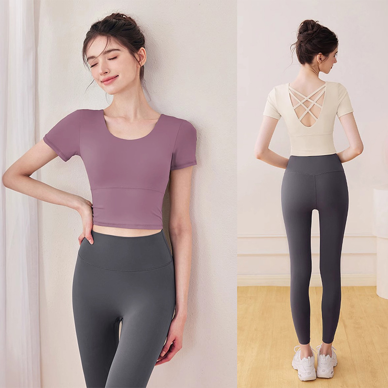 High-End Yoga Clothes for Women, Pilates Training Sports with Chest Pads, Large Size Fitness Clothes, Summer Beautiful Back Short-Sleeved Suits