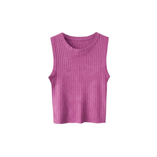 Short, fashionable, ice silk strapless vest for women, summer innerwear round neck undershirt, fashionable plain sleeveless knitwear, trendy 