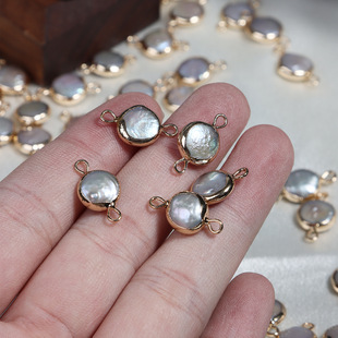 9-10mm round double hanging button edging baroque natural freshwater pearl copper gold plated diy jewelry material