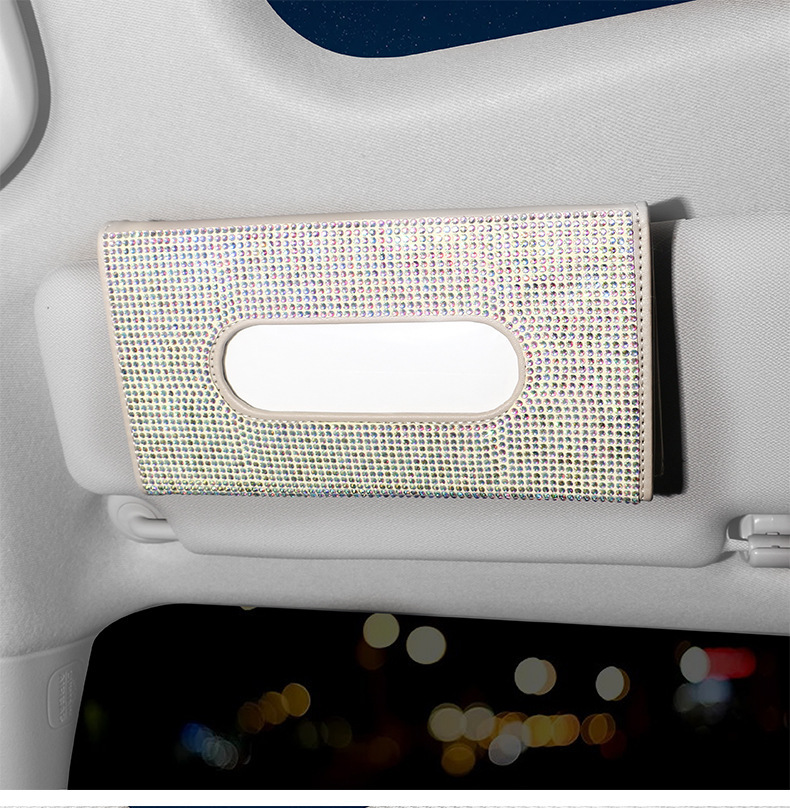 Car Sun Visor Tissue Box Leather Seat Back Diamond Tissue Holder Creative Fashion Women's Rhinestone Car Tissue Box