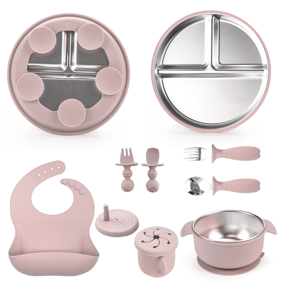 Tazón de alimentos suplementarios personalizados para bebés 304 cubiertos de acero inoxidable juegos de cubiertos de silicona para niños patrón impreso