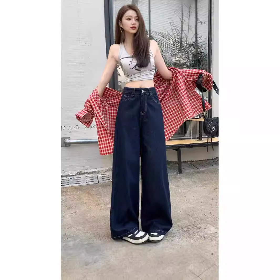 빈티지 다크 블루 넓은 다리 청바지 여성의 이른 가을 새로운 높은 허리 느슨한 투약 스트레이트 튜브 긴 바지