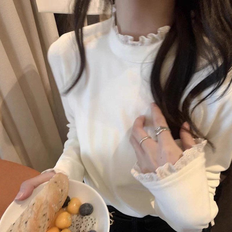 Lace Trim German Velvet Half Turtleneck Long-Sleeved T-Shirt Bottoming Shirt for Women 2025 Autumn and Winter New Style Student Tops Trendy Lace Trim German Velvet Half Turtleneck Long-Sleeved T-Shirt Bottoming Shirt for Women 2025 Autumn and Winter New Style Student Tops Trendy