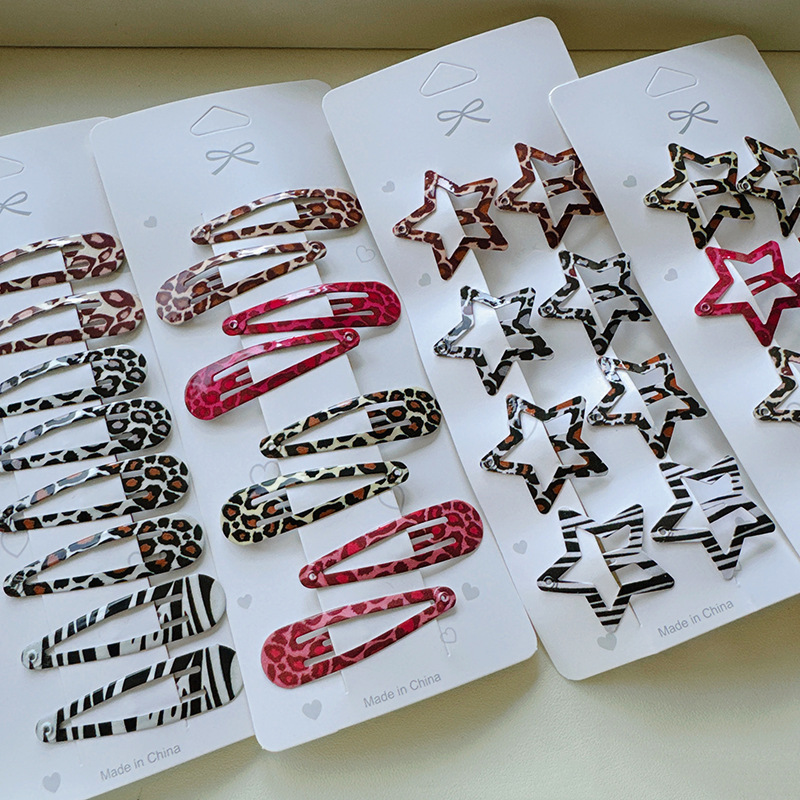 Amazon cross-border hot selling five-pointed star retro zebra print leopard print BB clip water drop hair clip bangs clip metal clip