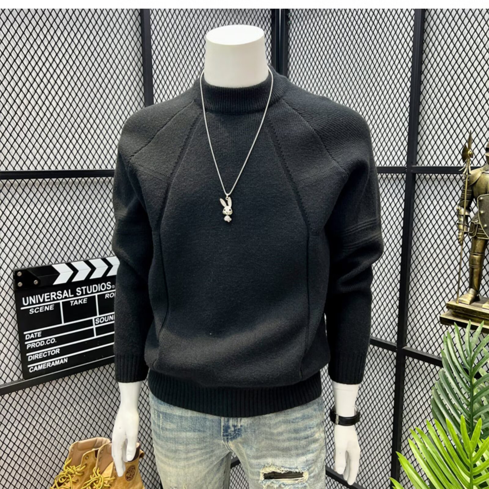 Men's High Neck Sweater Spring Gray Loose Fit Warm Thick Mid Neck Knitted Base Layer_voghion.com