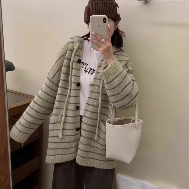 中长款撞色连帽条纹针织开衫女秋冬新款韩版慵懒宽松大码毛衣外套|undefined