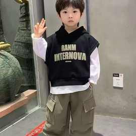 儿童2025新款两件套连帽马甲发泡字母印花中大童春秋新款韩版童装