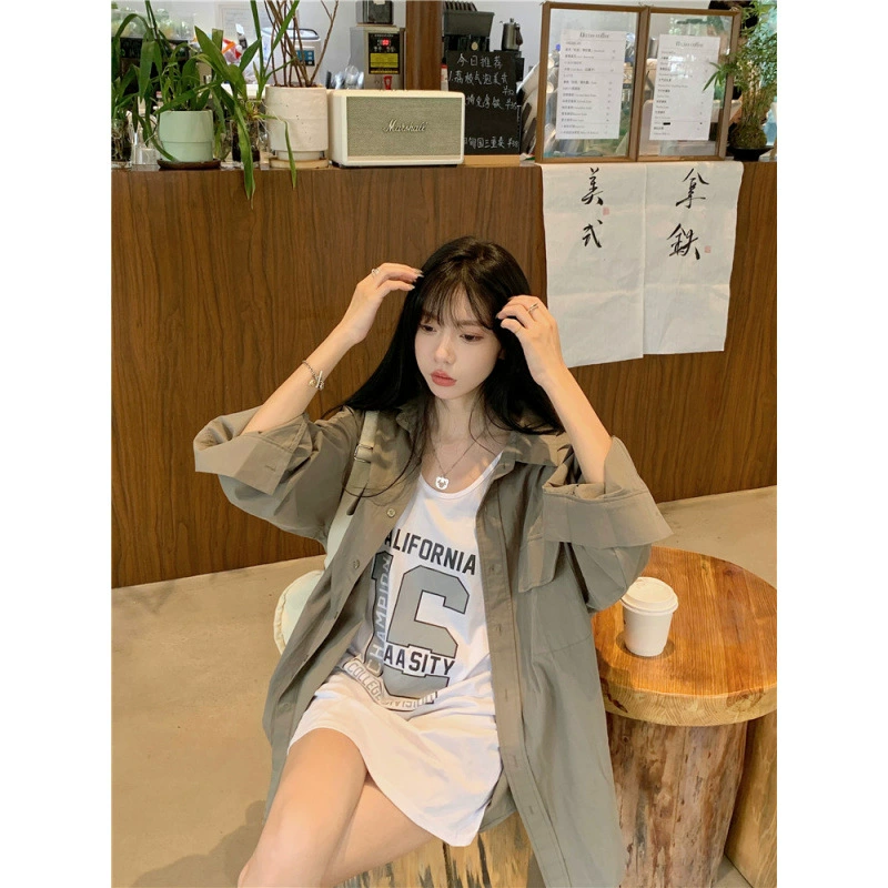 Настоящий шанс по реальной цене ~ свободная однотонная рубашка с длинными рукавами в стиле ретро в гонконгском стиле + жилет с надписью, универсальный повседневный комплект из двух предметов