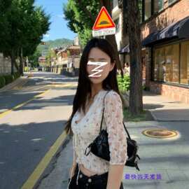 韩国ins  蕾丝花边拼接V领碎花绑带中袖上衣