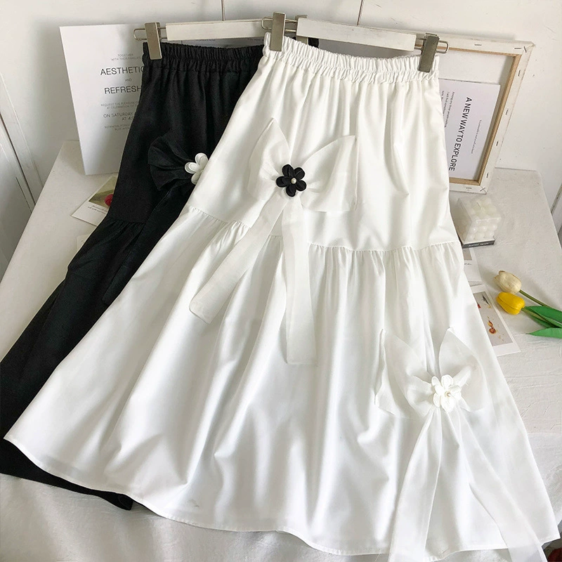 Three dimensional skirt with bow, plus size, flowered, elastic waist, mid-length