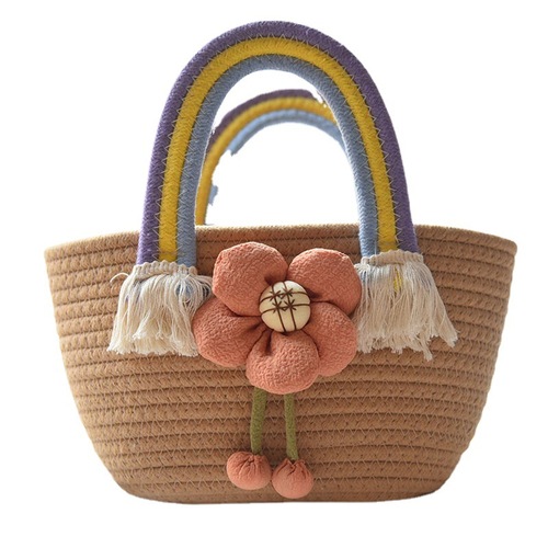 Korean style trendy cotton rope handbag, Internet celebrity, versatile and stylish handbag, small fresh flower straw bag, rainbow handle