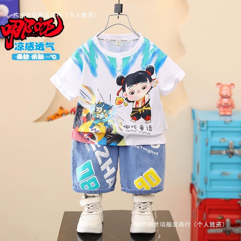 Летний костюм Nezha для мальчиков, новинка 2025 года, модная детская одежда, летняя детская одежда Nezha с короткими рукавами для мальчиков