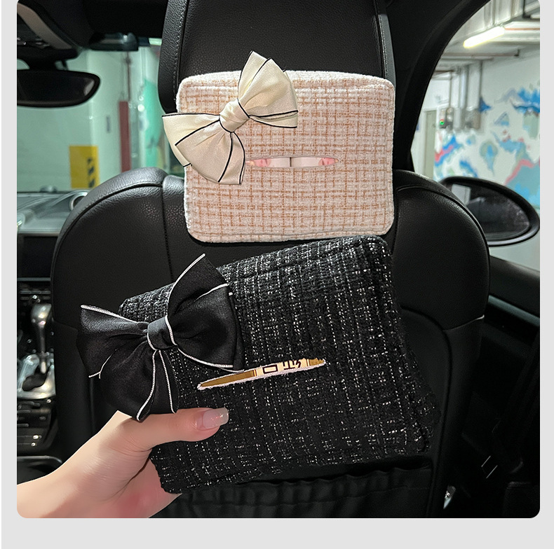 Chanel-Style Bowknot Car Tissue Box, Fabric Seat Back Hanging Tissue Box, Manufacturer's Ready Stock Wholesale for Cross-Border Trade