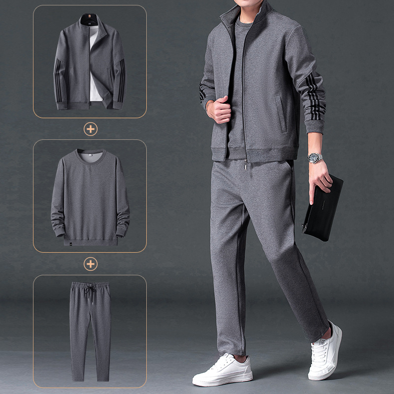 Conjunto deportivo para hombre M-8XL, estilo papá para primavera y otoño, chaqueta con cuello alto, pantalones rectos de talla grande, conjunto de tres piezas para hombre, sudadera informal.