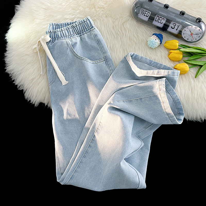 Light colored jeans for men with elastic waistband, summer thin design, light blue, student style, drawstring straight_voghion.com