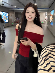 红色一字肩针织冰丝掐腰短款上衣女夏季韩里韩气的穿搭短袖t恤薄