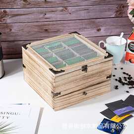 木质做旧上下两层九宫格家用茶水间茶叶收纳盒加油收纳盒