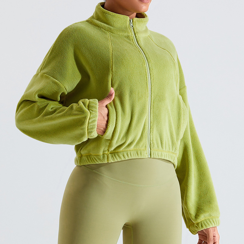 Liquidación, sin devoluciones ni cambios, chaqueta deportiva de lana austriaca resistente al viento para mujer, cuello alto, corte holgado, forrada de lana, chaqueta cálida para yoga y fitness.